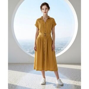 Universal Thread Mustard Yellow Striped Linen Blend Midi Shirt Dress Belted M